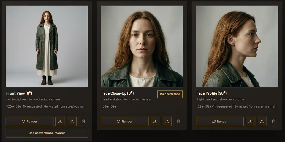 Lena Vale reference cards: full body, face and profile